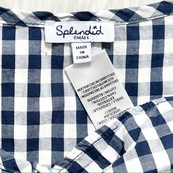 Splendid Navy Gingham Check Ruffled Tie Neck Navy White Long Sleeve Peasant Top - Picture 9 of 10